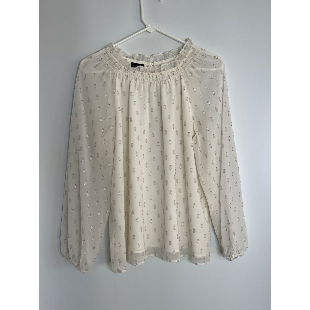 Talbot's Smocked Metallic Clip Dot Long Sleeve Blouse Cream Silver Size Medium